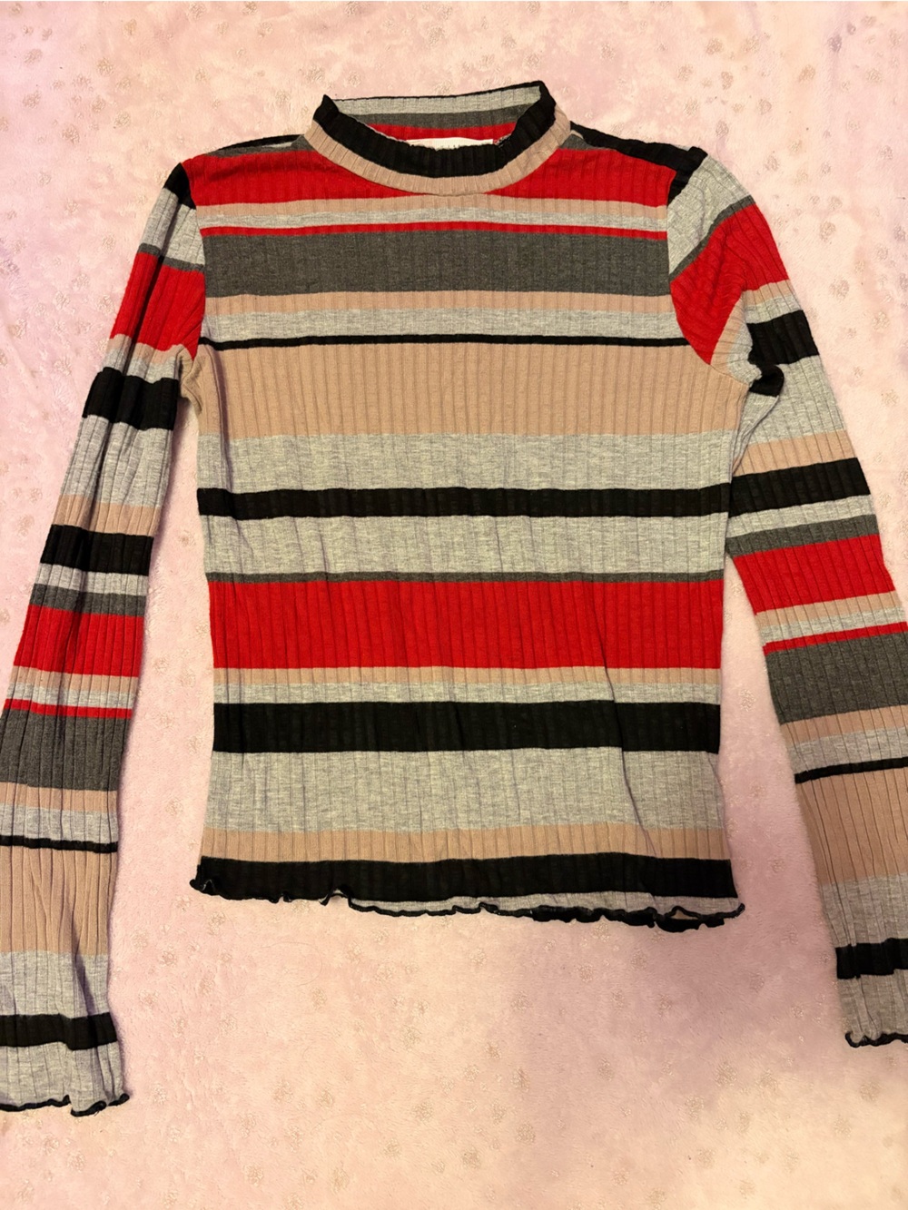 Timing Striped Ribbed Off-Shoulder Sweater in Red, Black, Gray, Tan